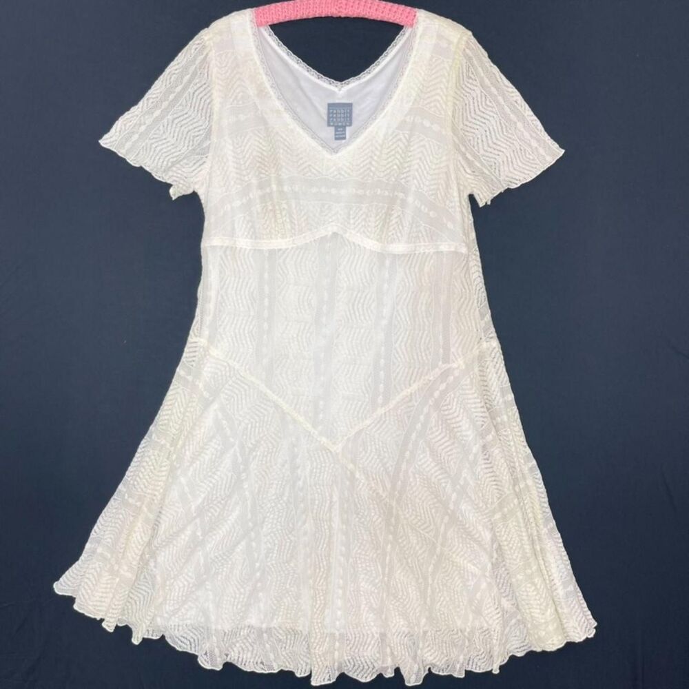 Rabbit Rabbit Rabbit 16W Ivory Lace Fit & Flare Pleat Illusion Midi Dress